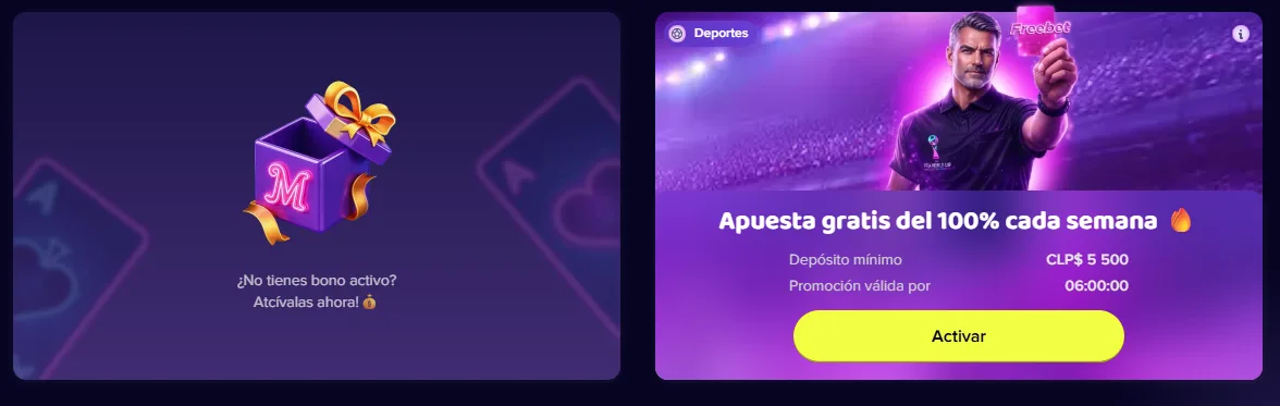 Promoción de apuesta gratis semanal del 100 % con depósito mínimo de 5.500 pesos