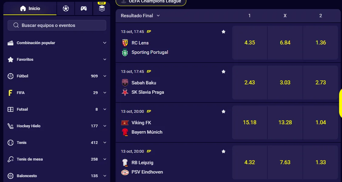Línea de apuestas de Maggico con cuotas 1X2 de partidos de la Champions League