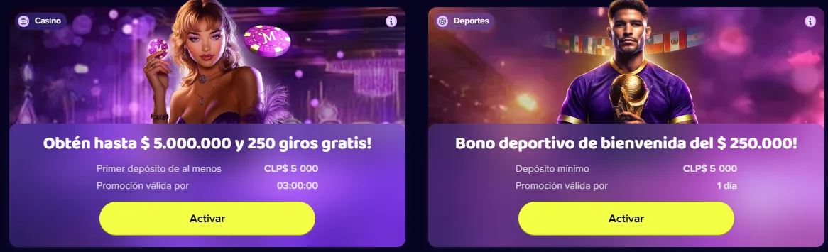 Bono de bienvenida de 5.000.000 de pesos con 250 giros gratis y bono deportivo de 250.000 pesos