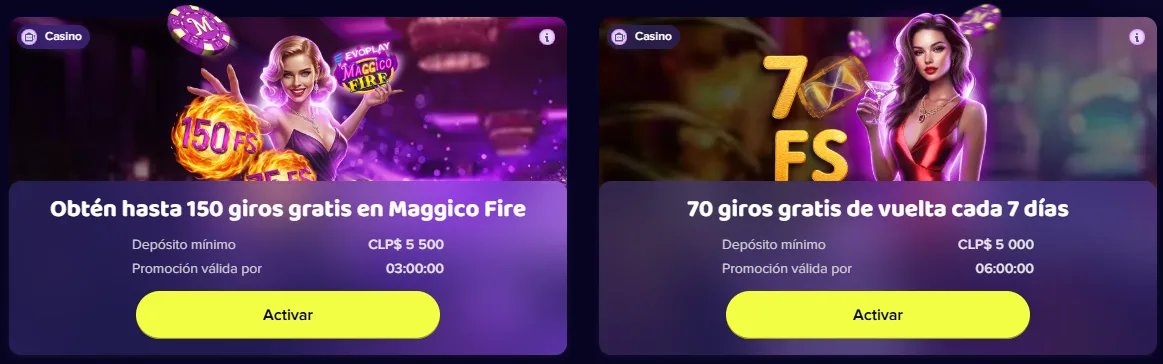 Promociones de giros gratis en Maggico Fire y 70 giros de vuelta cada siete días