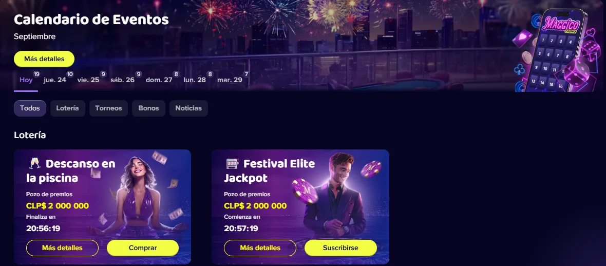 Calendario de eventos de Maggico con loterías y premios en pesos chilenos
