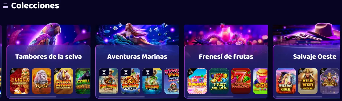 Colecciones temáticas del lobby: Tambores de la selva, Aventuras Marinas y Frenesí de frutas