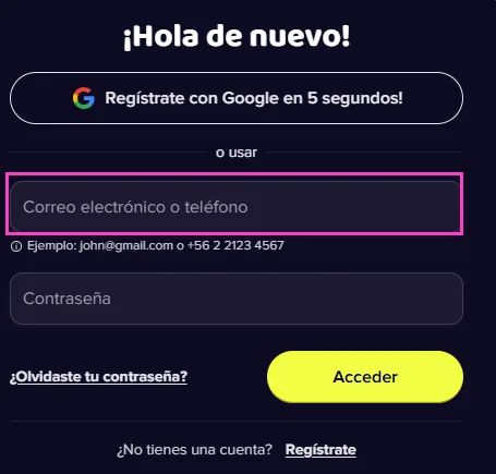 Campo de correo o teléfono para iniciar sesión en Maggico casino