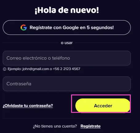 Botón Acceder que confirma la entrada a la cuenta de Maggico