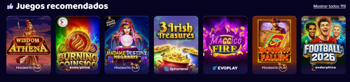 Fila de juegos recomendados en el lobby de Maggico casino