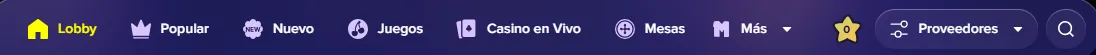 Barra de categorías del lobby de Maggico: Popular, Nuevo, Juegos, Casino en Vivo y Mesas