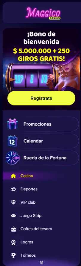 Menú móvil de Maggico con el bono de bienvenida y las secciones de casino y deportes