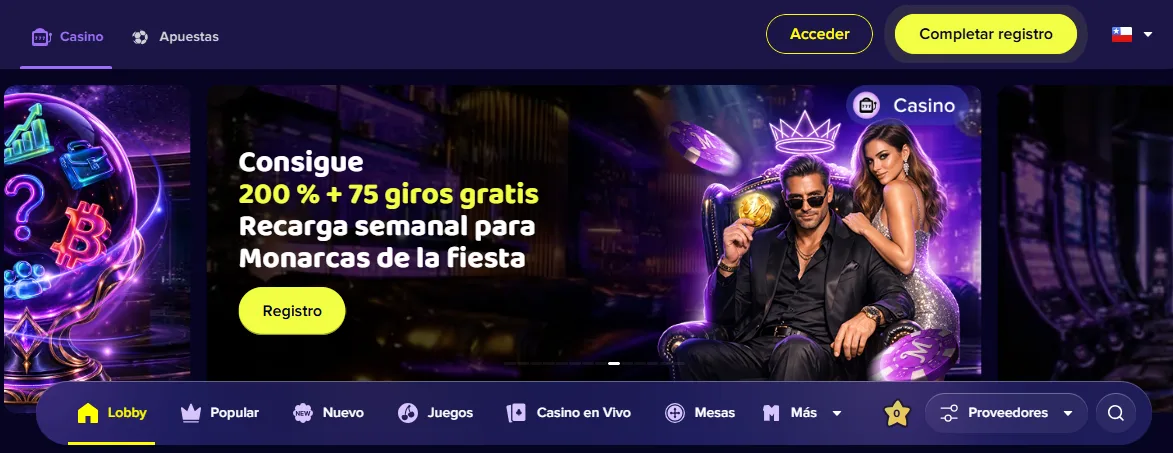 Portada del casino Maggico con la recarga semanal del 200 % y 75 giros gratis