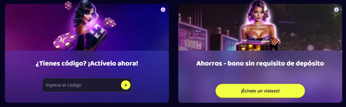 Bloque para activar un código promocional junto a la oferta sin requisito de depósito