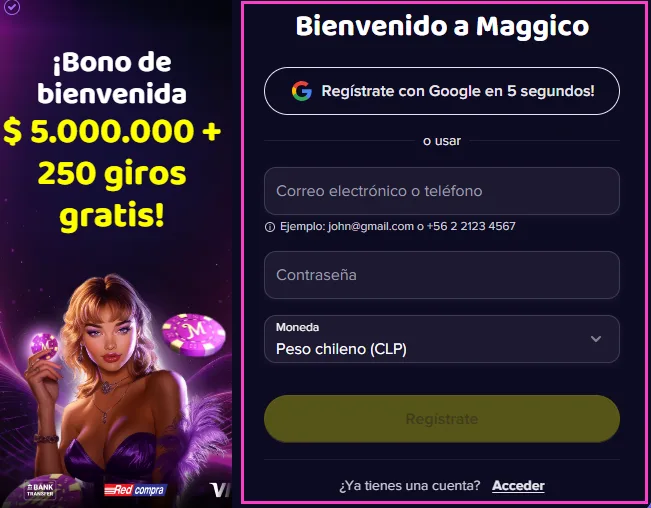 Formulario de registro de Maggico junto al banner del bono de bienvenida de 5.000.000 de pesos
