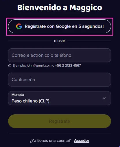 Botón para registrarse con Google en cinco segundos dentro del formulario de Maggico