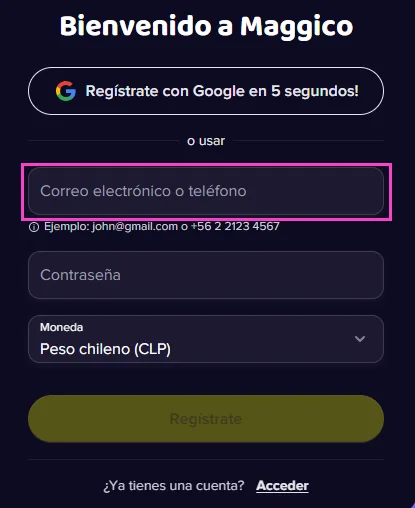 Campo de correo electrónico o teléfono del registro de Maggico con un ejemplo de número chileno