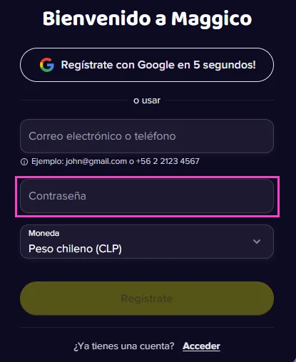 Campo de contraseña del formulario de registro de Maggico casino