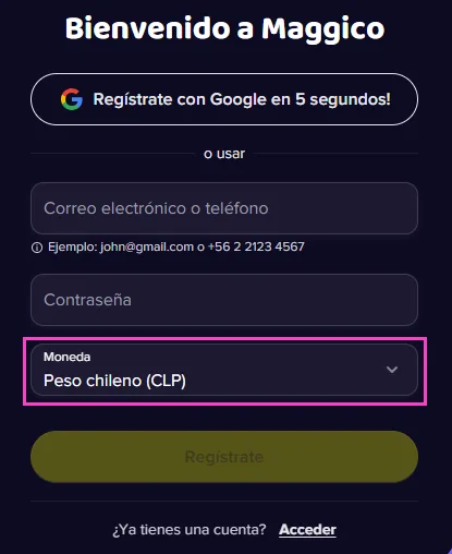 Selector de moneda del registro con Peso chileno CLP elegido para Chile