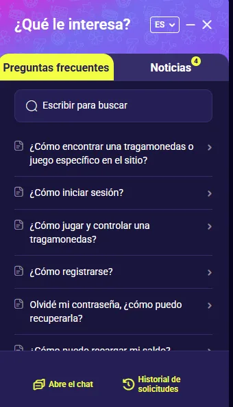 Ventana de ayuda de Maggico con preguntas frecuentes y acceso al chat en vivo